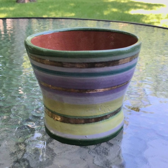 Pottery Vase in Lavender Green Yellow & Metallic Gold Stripes/Pen-Pencil Holder - Picture 8 of 12